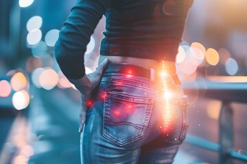Woman standing on urban night street with glow lights in jeans. Concept of modern city life and style. Vivid photography with neon hues and bokeh effect. Generative AI