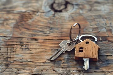 A set of keys with a wooden house keychain lies on a rustic wooden surface. Ideal for real estate concepts and home ownership themes. Symbolizes security and new beginnings. Generative AI