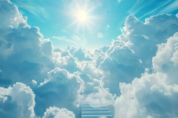 Bright sun shining through fluffy clouds in a vivid blue sky. Conceptualize serenity. Ideal for backgrounds and nature-themed projects. Stunning bright colors. Stock photo style. Generative AI