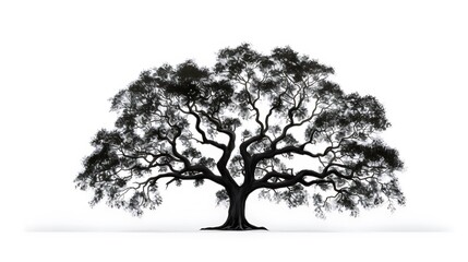 A majestic oak tree silhouette against a solid white background