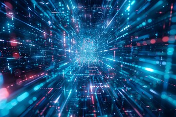 A blue and red light show with many dots. The light show is very bright and colorful. It looks like a futuristic tunnel