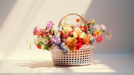 A metal basket filled with colorful blooms, its shadow casting a subtle contrast on the pure white canvas