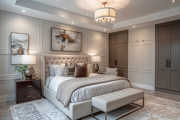 Bedroom interior design mockup features a tufted bed, stylish decorations, and modern lighting, creating a warm, inviting ambiance. Neutral beige tones add to the calming atmosphere.