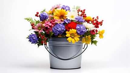 A metal bucket filled with colorful flowers, its shadow casting a subtle contrast on the solid white backdrop