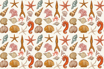 A seamless pattern of watercolor seashells and starfish, watercolor hand drawn seashells and starfish seamless pattern isolated on white background
