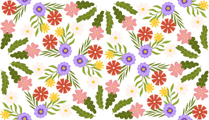 Seamless pattern with floral elements. Kaleidoscope effect Botanical inspired repeated design with green leaves and sort of different flowers - lilac, pink, red, yellow