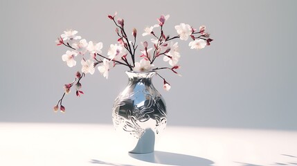 A metal vase filled with bright blossoms, its shadow casting a gentle contrast on the solid white backdrop