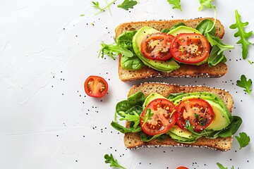 Delectable lovely vegan sandwich over a white marble setting with vivid, juicy vegetables and...