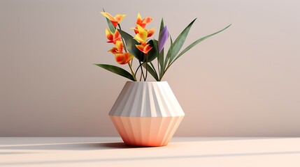 A modern geometric pot housing colorful flowers, its shadow creating a subtle contrast on the solid white backdrop