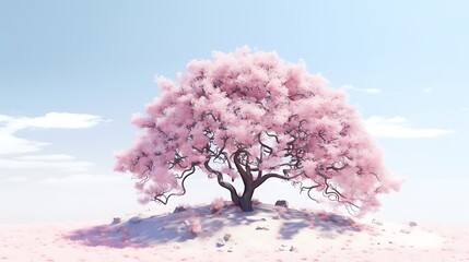 A picturesque cherry blossom tree in full bloom against a solid white backdrop