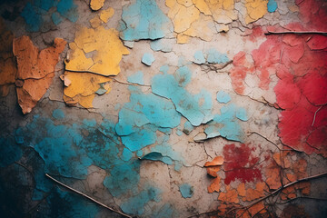 Obraz premium This image shows vibrant peeling paint in various colors on a textured, cracked surface, providing a unique abstract background