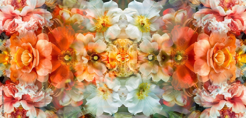 Poster spring flowers in elegant and symmetrical patterns within abstract background, that highlights the n