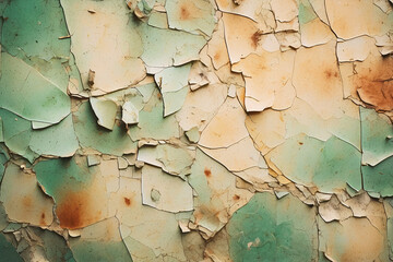 Intricate patterns of cracked and peeling mint green paint overlay a textured wall surface