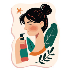 Young woman using cosmetic products for facial skin care. Vector