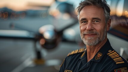 Fototapeta premium A male pilot in uniform stands proudly in front of an airplane