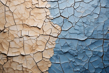 Striking image depicting large cracked patterns on a blue wall, evoking a sense of age and history