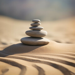 A stack of smooth pebbles on the sand with a blurred background.