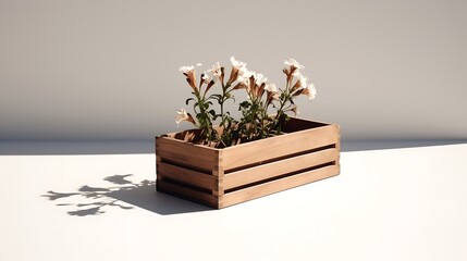 A rustic wooden flower box casting a shadow on a pristine white surface