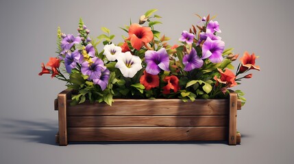 A rustic wooden planter with vibrant flowers, its shadow blending seamlessly with the pure white canvas