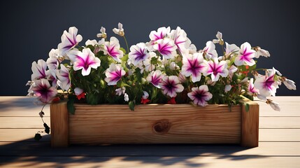 A rustic wooden planter with vibrant flowers, its shadow blending seamlessly with the pure white canvas