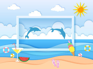 Summer Banner With Beach Landscape, Sea, Clouds, Watermelon With Paper Cut Style