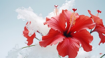 A scarlet hibiscus blooming against a backdrop of pure white