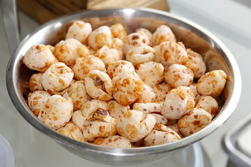 Cheese bread with meat on a metal tray