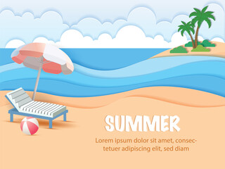 3d Vector Beach Chair, Pink Umbrella and Ball, Summer Holiday, Time to Travel Paper Cut Concept