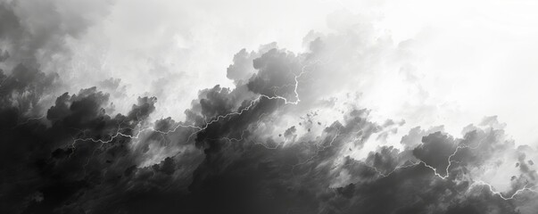 lightning in the clouds on a white background, banner design, black and grey color theme, high resolution in the style of various artists