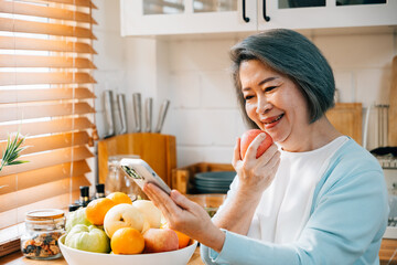 An old Asian woman, a grandmother, enjoys breakfast in the kitchen. She smiles while using her...