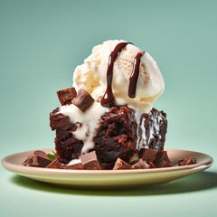 chocolate brownie with vanilla ice cream and chocolate syrup,