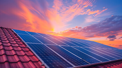 Photo of solar panels on the roof against sunset sky