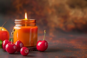 Soy candle in brown glass jar on the table burns, nearby Cherry, minimalism. Dark brown colored background, copy space for text. Concept: eco life, vegan product, handmade, natural, warm and cozy