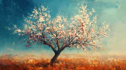 Beautiful Blossom Tree in a Serene Meadow with a Scenic View of the Horizon at Sunset, Embodying the Tranquility of Nature in Springtime