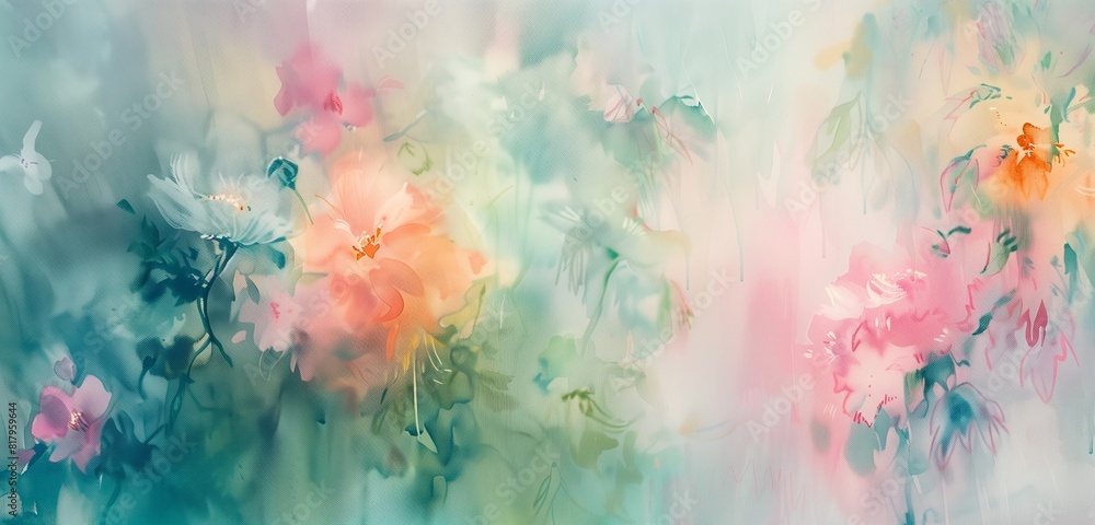 Poster abstract background filled with watercolor paintings of spring flowers, using soft washes of color a