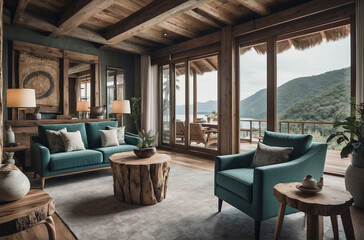 Living Room with Ocean View and Wooden Table