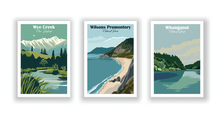 Whanganui, National Park, Wilsons Promontory, National Park, Wye Creek, New Zealand - Set of 3 Vintage Travel Posters. Vector illustration. High Quality Prints