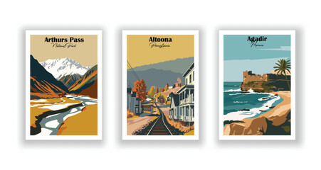 Fototapeta premium Agadir, Morocco, Altoona, Pennsylvania, Arthurs Pass, National Park - Set of 3 Vintage Travel Posters. Vector illustration. High Quality Prints
