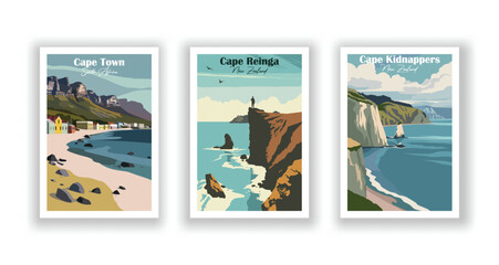 Obraz premium Cape Kidnappers, New Zealand, Cape Reinga, New Zealand, Cape Town, South Africa - Set of 3 Vintage Travel Posters. Vector illustration. High Quality Prints