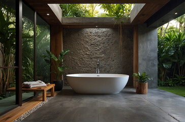 Outdoor Bathroom in Lush Tropical Garden with Freestanding Bathtub, Natural Stone Sink, and Wooden Accents, Providing a Luxurious and Immersive Bathing Experience Amidst Nature