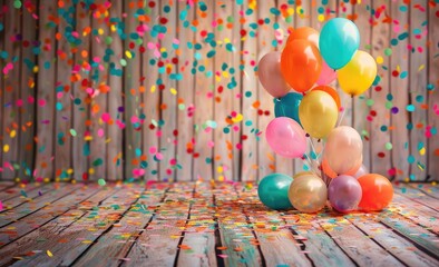 Vibrant Birthday Celebration: Colorful Balloons and Streamers on Wooden Floor Background