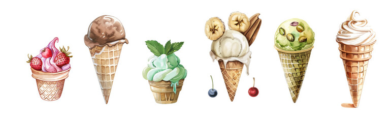 Set of watercolor ice creams in waffle cones isolated on white background