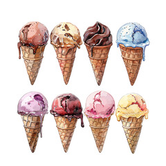 Ice cream watercolor set Vector illustration isolated on white background summer ice cream cone