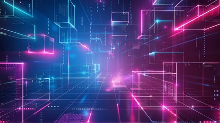 Obraz premium Abstract futuristic background with neon glowing blocks and lines in blue, pink, and purple colors. Digital technology concept. High quality photo