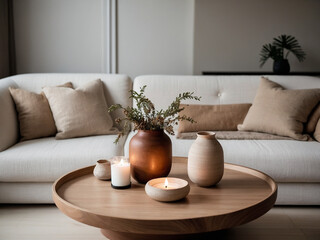 Minimalist Wooden Coffee Table with Clay Vase and Candles in Modern Living Room