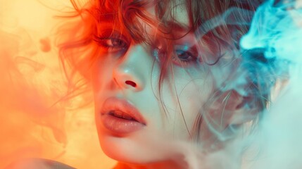 A woman's face is surrounded by colorful smoke. Her eyes are wide and her lips are slightly parted. She is looking at the camera with a mixture of curiosity and fear.