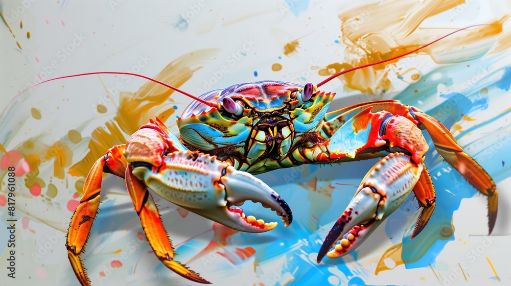Poster an artistic representation of a crab using bold colors, abstract shapes, and expressive lines