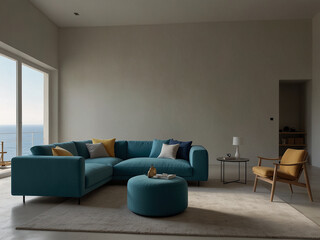Modern living room with blue couch and ottoman