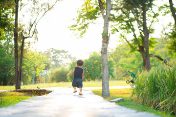 Fototapeta premium Toddler asian 1-2 year boy first walking outdoor meadow grass sunset park