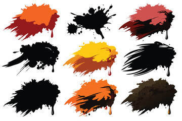 Brush strokes ink and blots, paint, set. Vector illustration